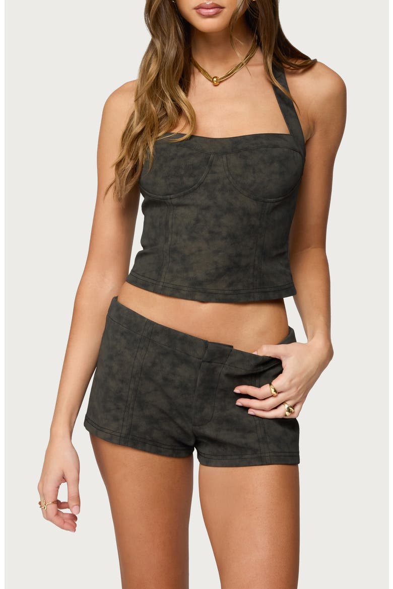 Taia Distressed Faux Leather Crop Corset, Main, color, DARK-BROWN
