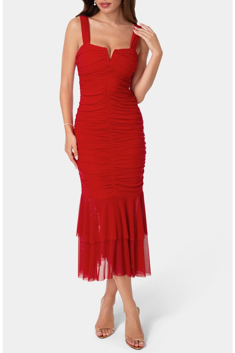 Split Neck Mesh Mermaid Dress, Main, color, RED