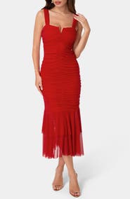 bebe Split Neck Mesh Mermaid Dress