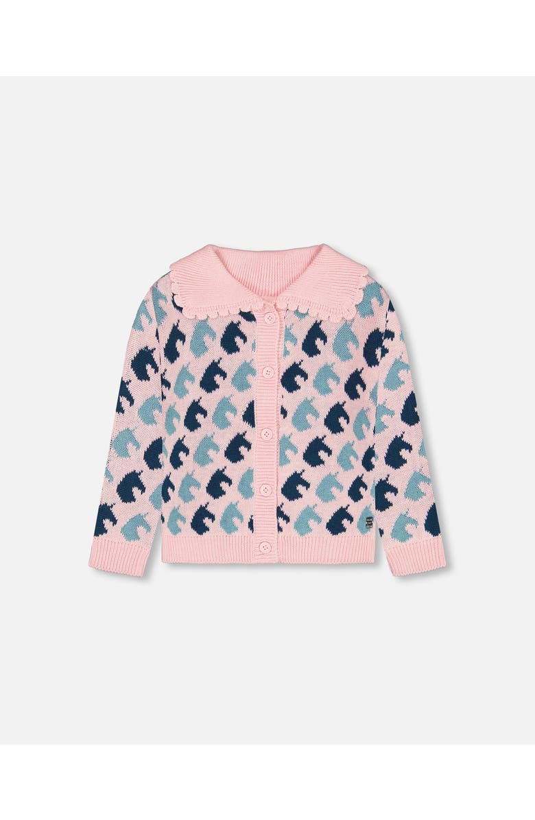 Deux par Deux Girl's Jacquard Knit Cardigan Pink Unicorn, Main, color, 