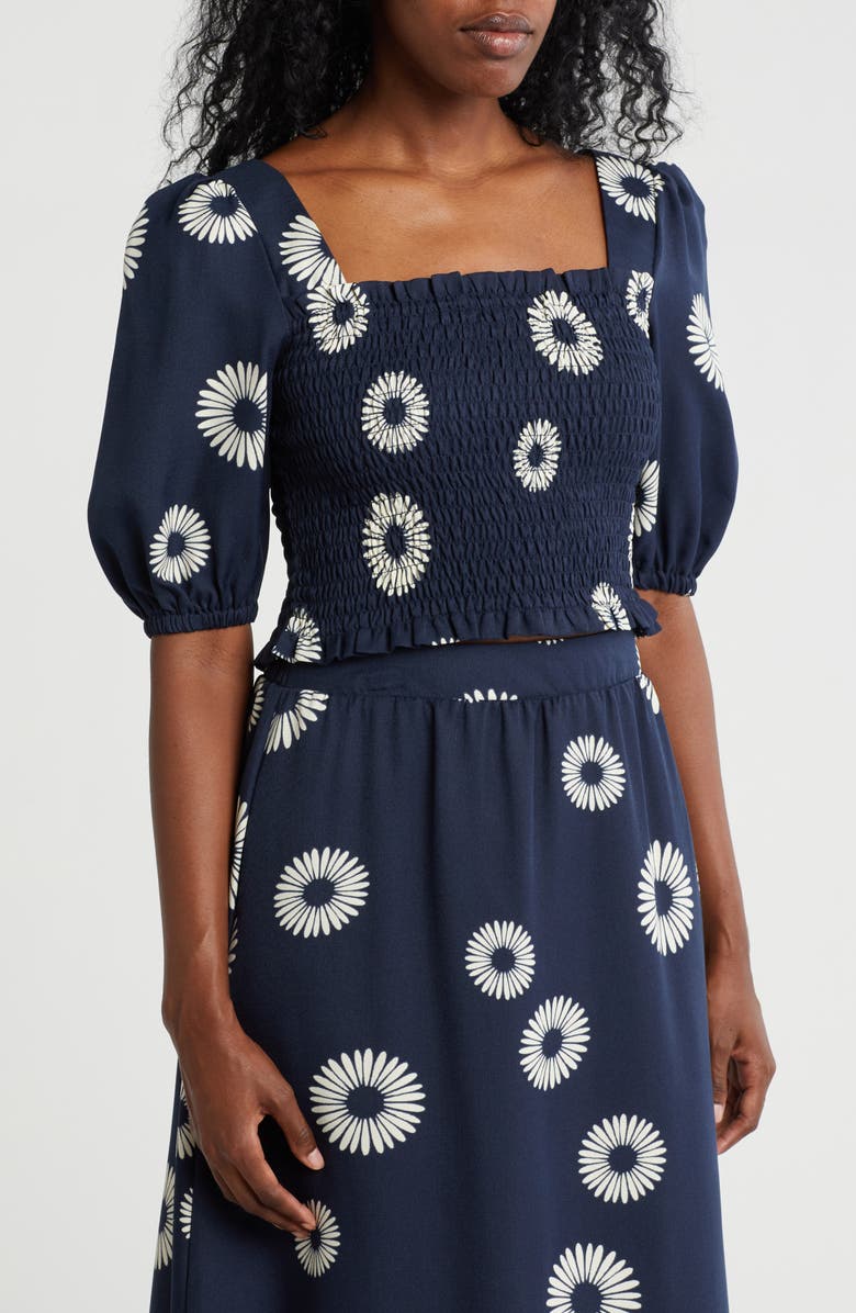 Bobeau Smocked Crop Top, Main, color, Navy/ Antq White Daisy
