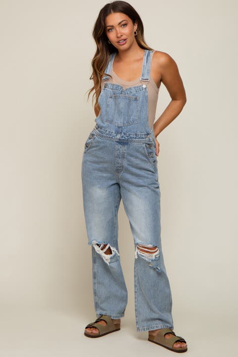 Wash Distressed Maternity Overalls