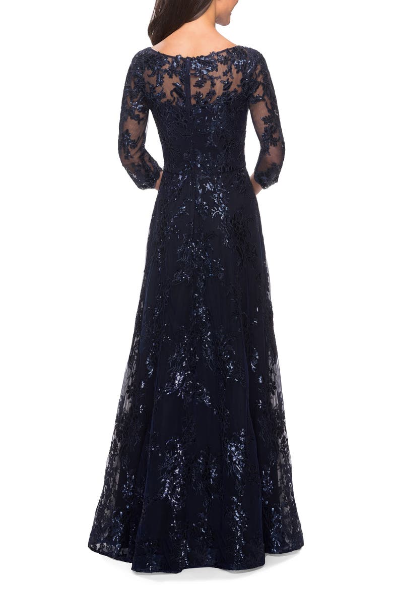 Long Lace Dress with Sequins and Sheer 3/4 Sleeves, Alternate, color, Navy