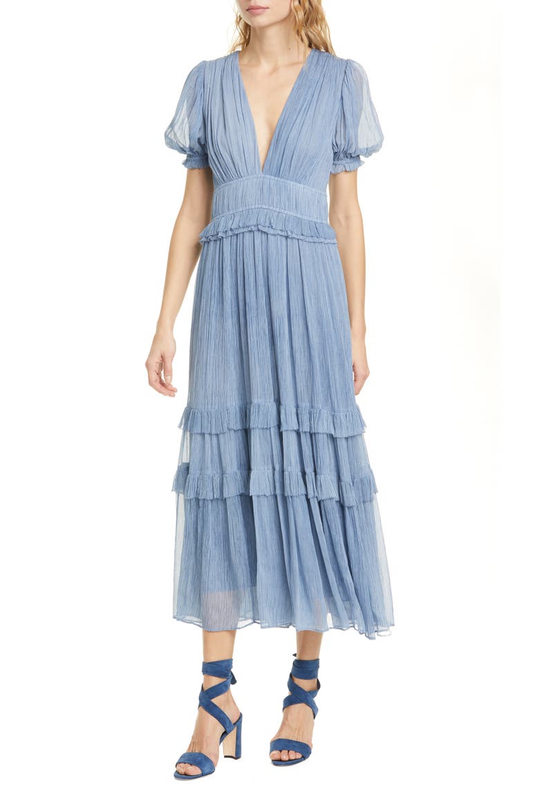 Elodie Pleated Silk Midi Dress, Main, color, SLATE