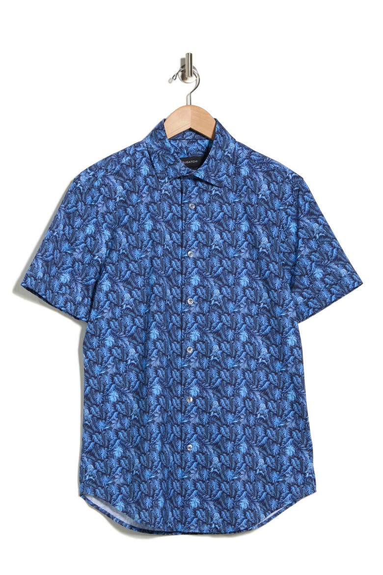 Print Short Sleeve Button-Up Shirt, Alternate, color, COBALT