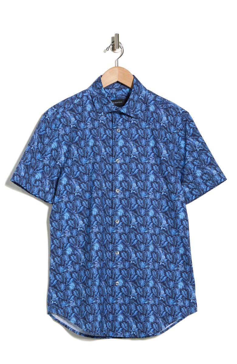 Bugatchi Print Short Sleeve Button-Up Shirt, Main, color, Cobalt