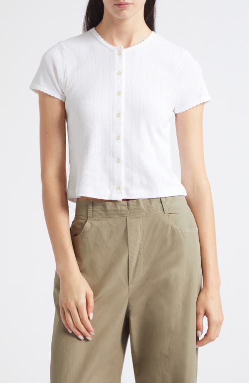 LESET Short Sleeve Cotton Pointelle Cardigan in White at Nordstrom, Size Large