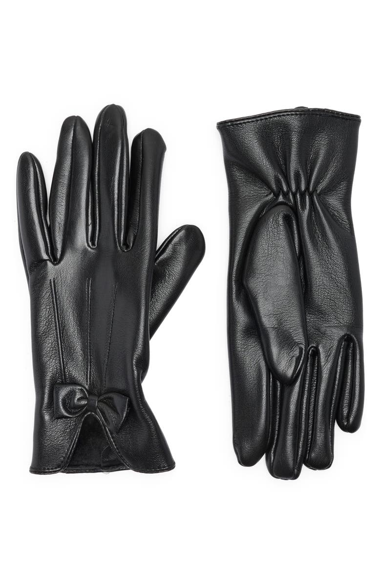 Nine West Center Bow Faux Leather Gloves, Main, color, Black