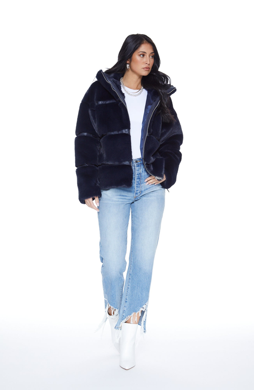 Shop Blue Revival Mob Wife Unreal Leather Fur Jacket In Navy