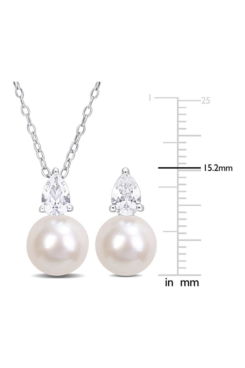 Cultured Freshwater Pearl & Lab Created Sapphire Necklace & Stud Earrings Set, Alternate, color, WHITE