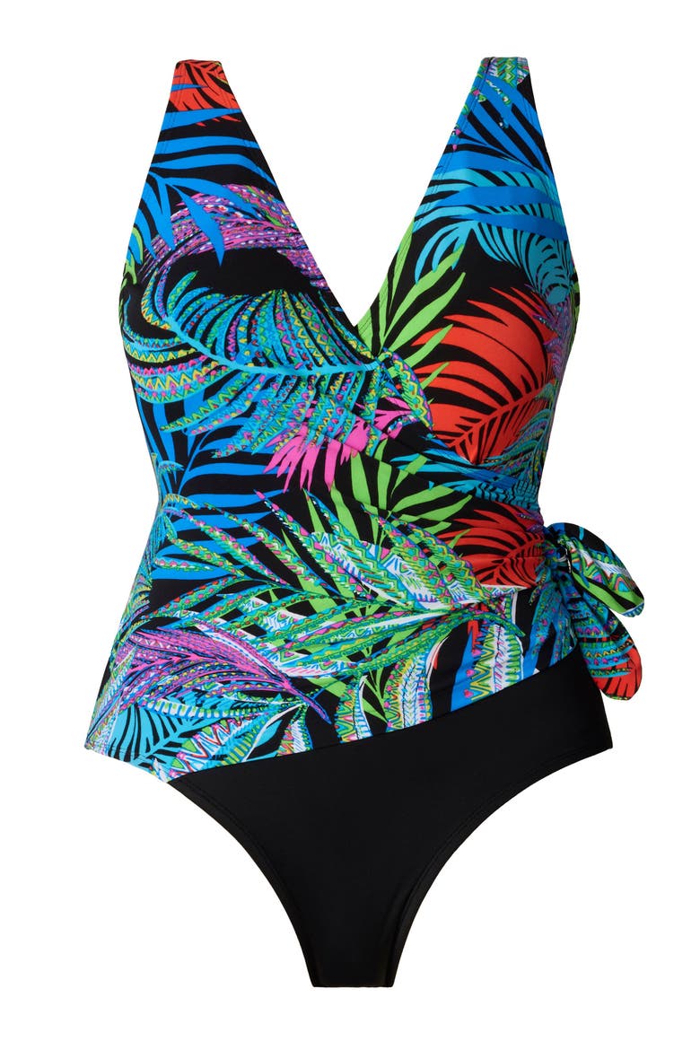 Side Tie Surplice Long Torso One-Piece Swimsuit, Alternate, color, Jungle Boogie
