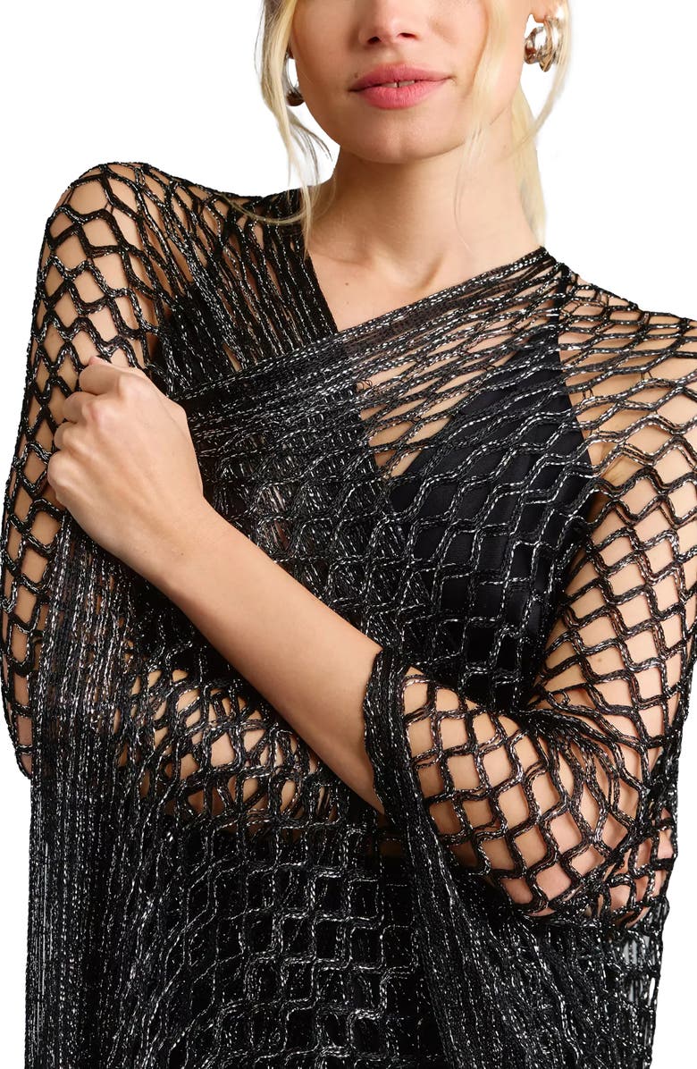 SAACHI Shimmer Crochet Fringe Kimono, Alternate, color, Black