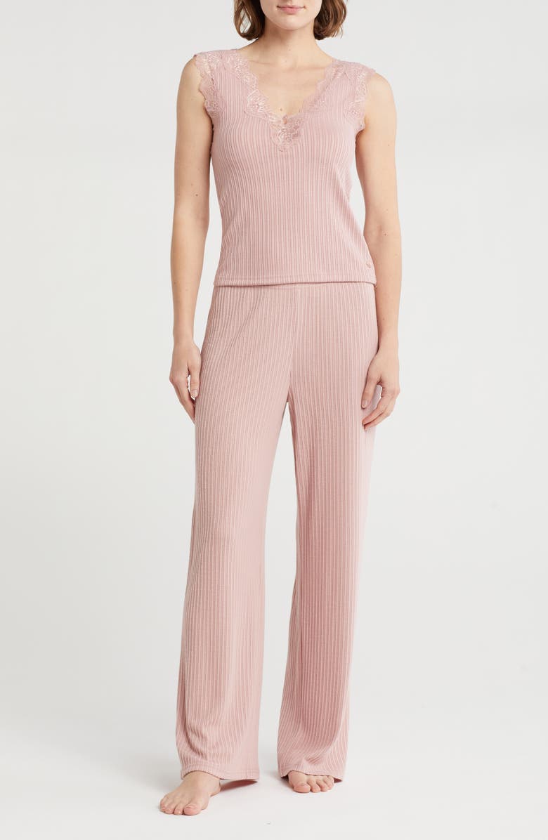 Danskin Lace Trim Ribbed Tank & Pants Pajamas, Main, color, Peach Tea