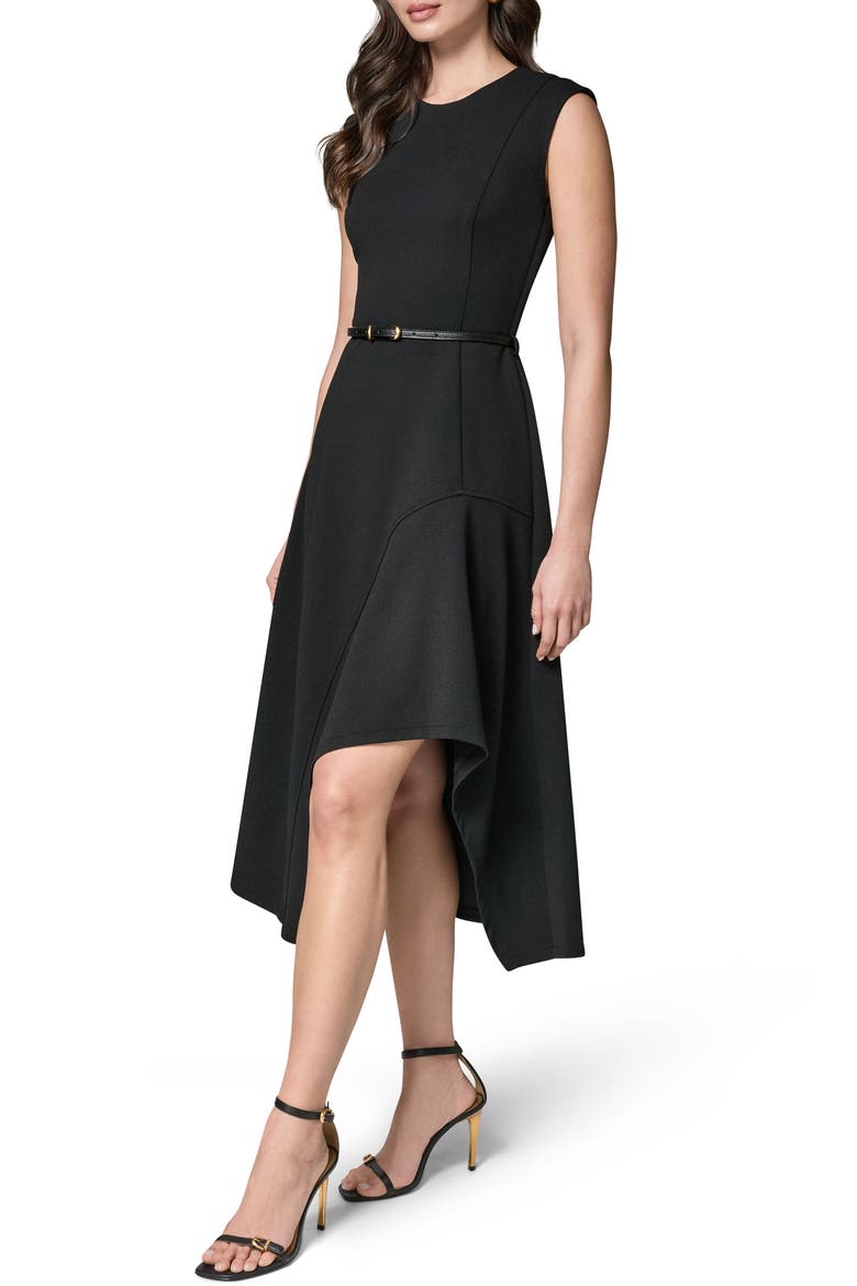 Belted Flounce Stretch Dress, Alternate, color, BLACK
