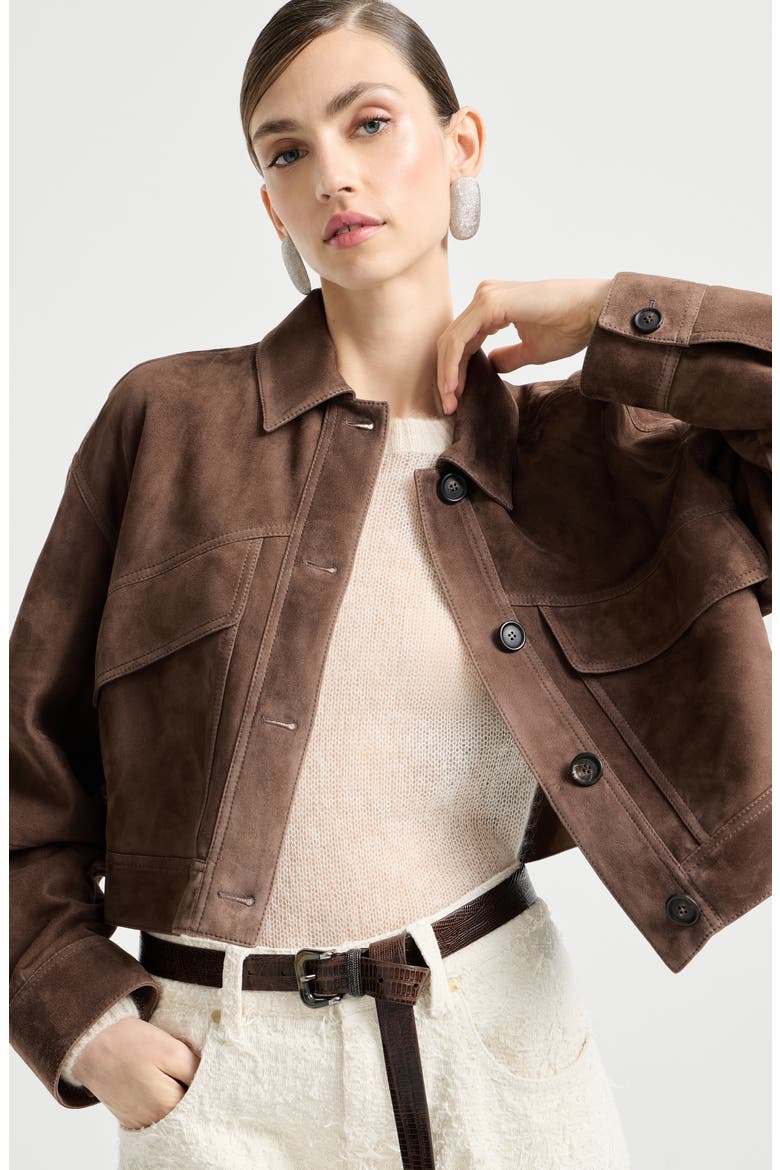 Couture suede cropped outerwear jacket, Alternate, color, Brown