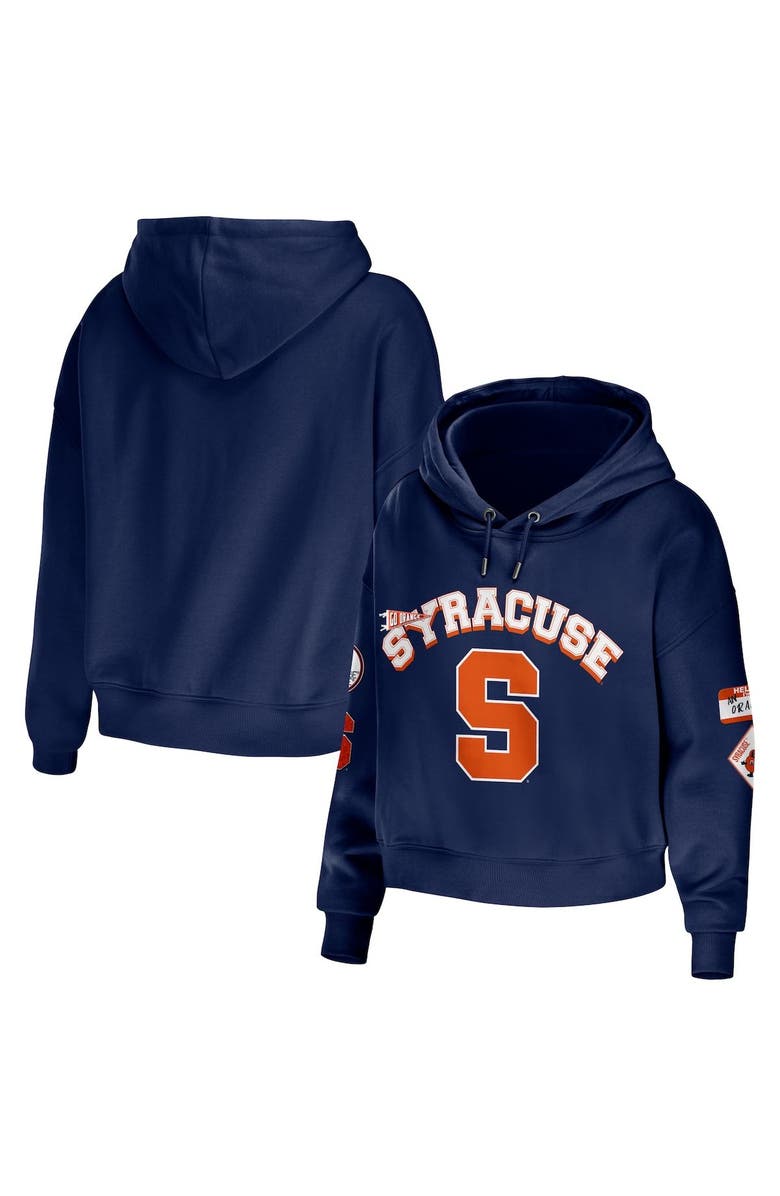 WEAR by Erin Andrews Women's WEAR by Erin Andrews Navy Syracuse Orange Mixed Media Cropped Pullover Hoodie, Main, color, 
