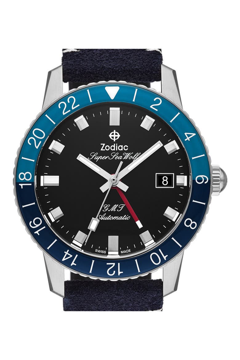 GMT Automatic Leather Strap Watch, 40mm, Alternate, color, BLUE