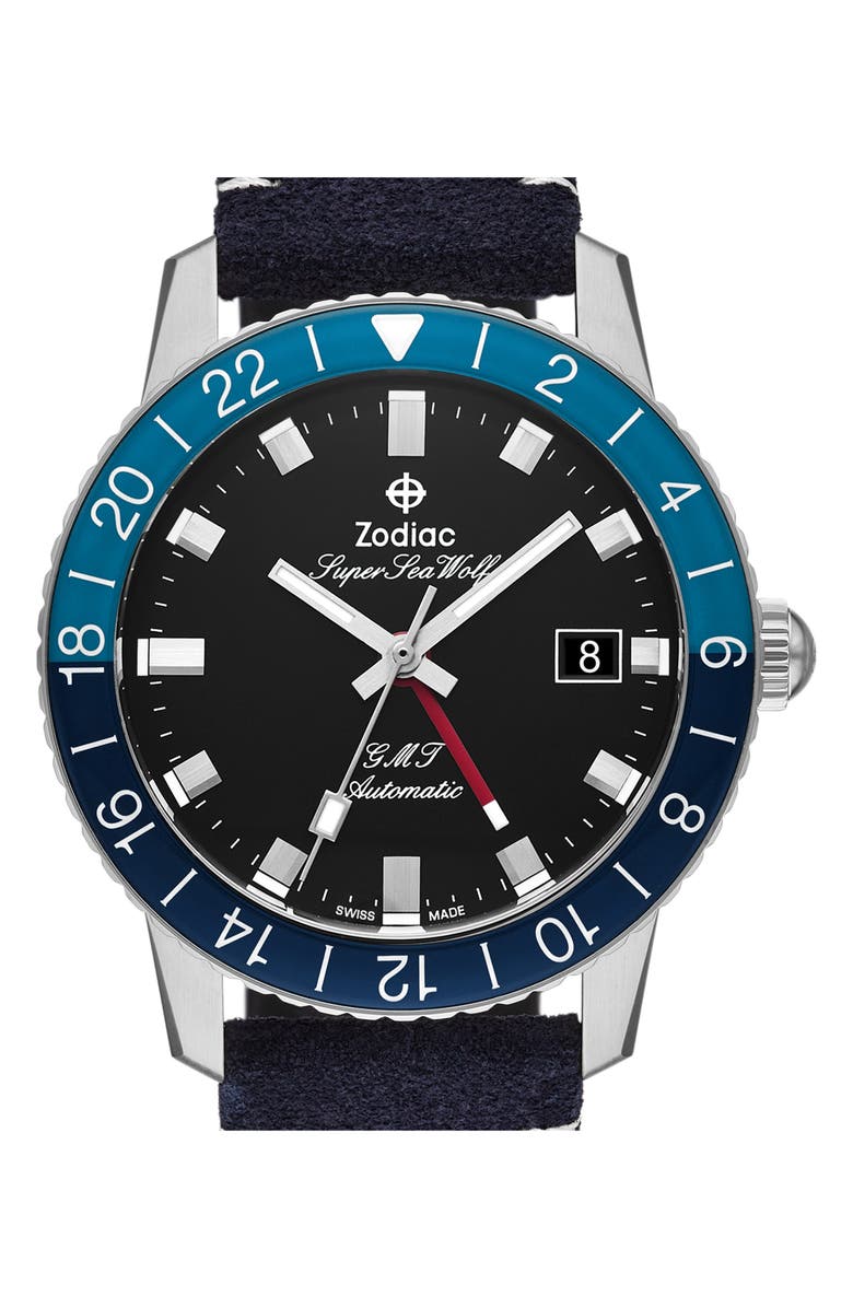 Zodiac GMT Automatic Leather Strap Watch, 40mm, Alternate, color,