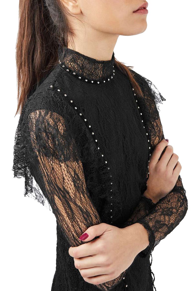 Stud Ruffle Lace Dress, Alternate, color, BLACK