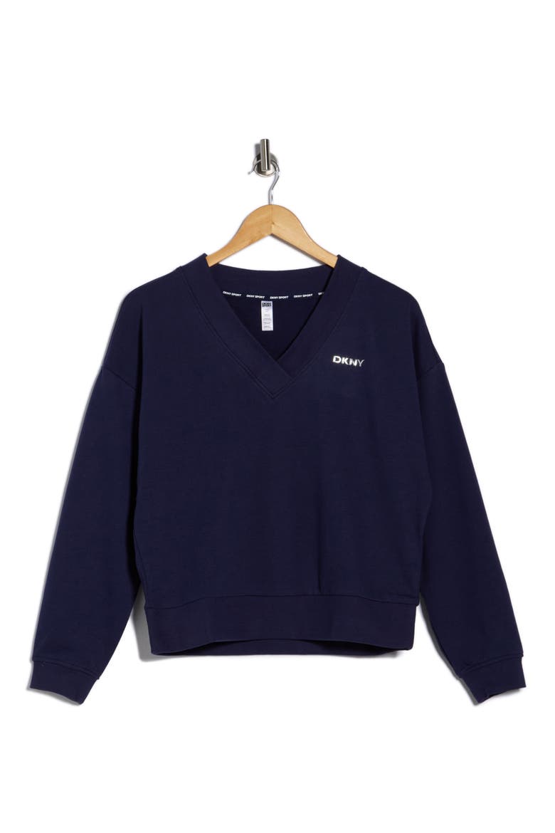 Metallic Logo V-Neck French Terry Sweatshirt, Alternate, color, PEACOAT