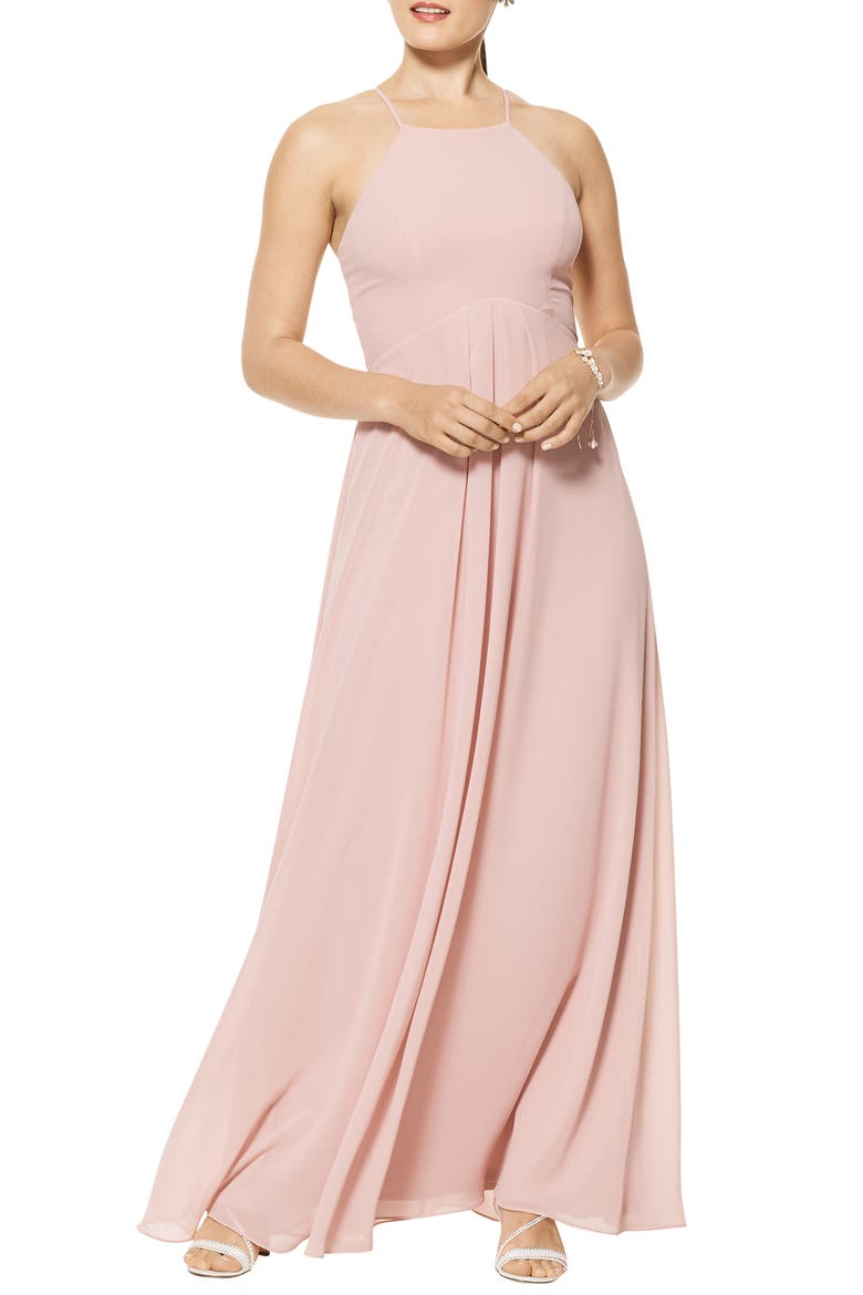 Halter Neck Chiffon A-Line Gown, Main, color, FROST ROSE