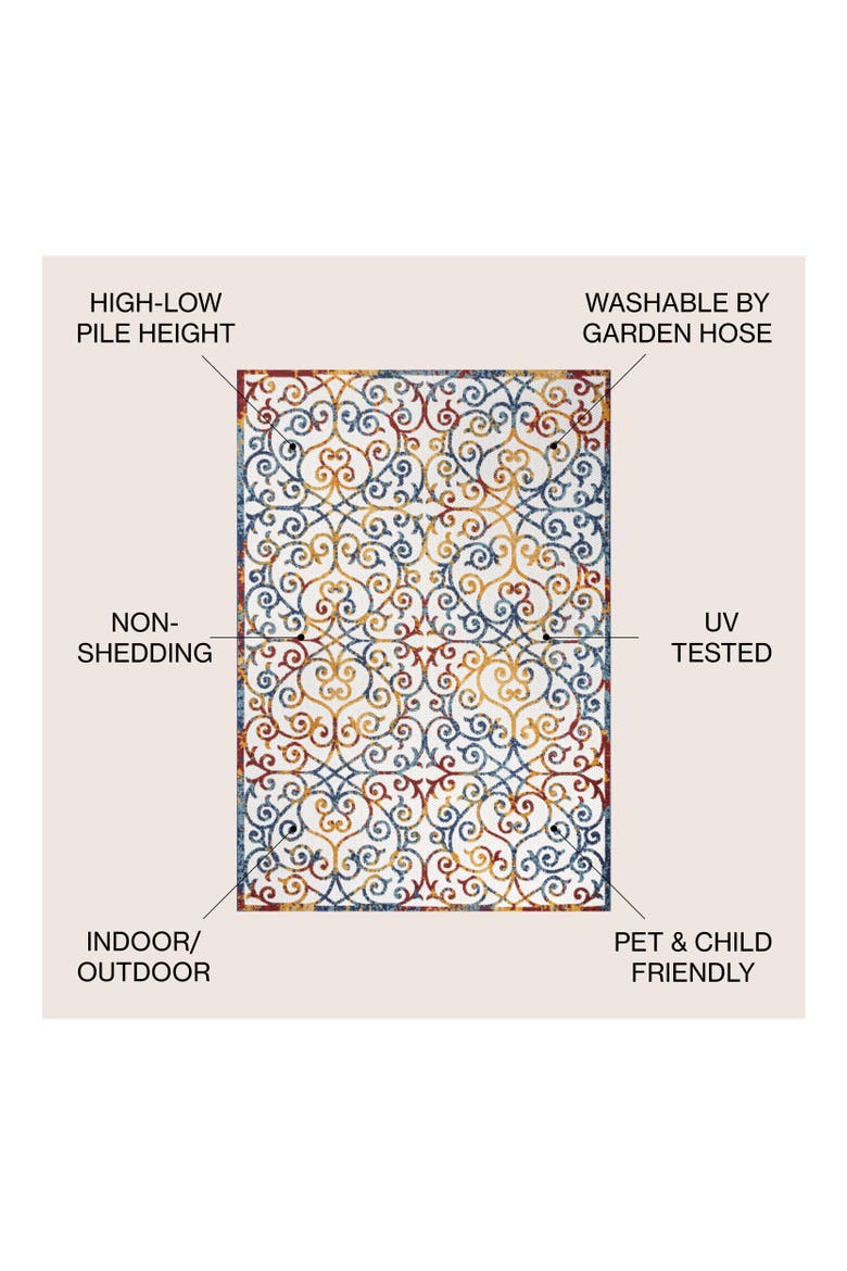 Atrani Scroll Trellis Indoor/Outdoor Area Rug, Alternate, color, Cream/Blue/Red