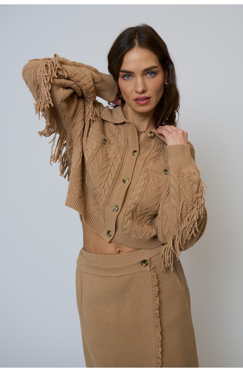 Central Park West Elyse Cabled Fringe Sweater Cardigan, Main, color, Camel