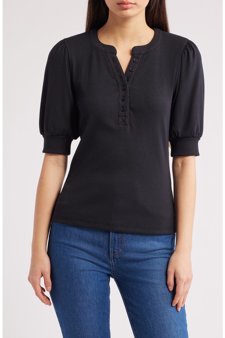 Jewel Puff Sleeve Cotton & Modal Top, Main, color, BLACK