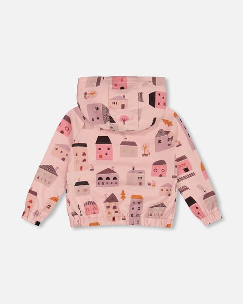 Deux Par Deux Little Girl's Printed French Terry Hoodie Cardigan Pink And Coral Houses In Pink And Coral Houses