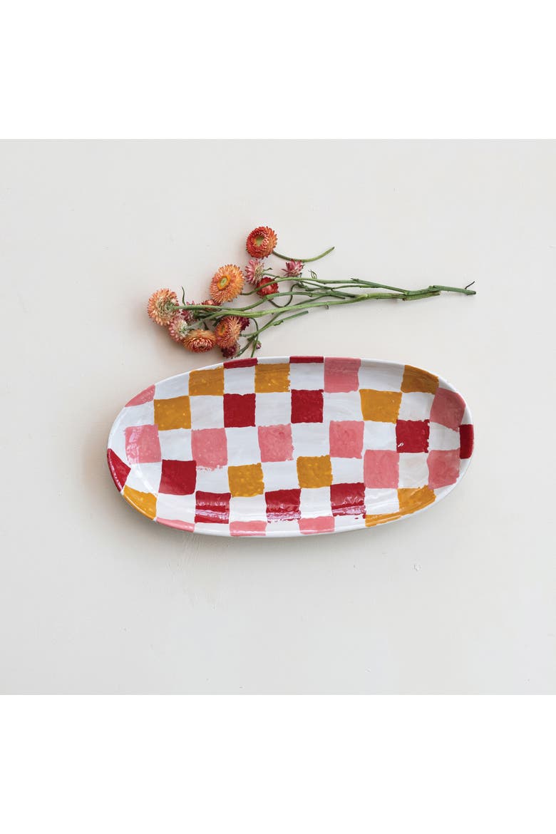 Oval Hand-Painted Stoneware Platter, Alternate, color, Red