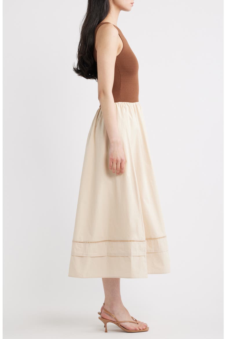 Mixed Media Lace Inset Midi Dress, Alternate, color, BROWN