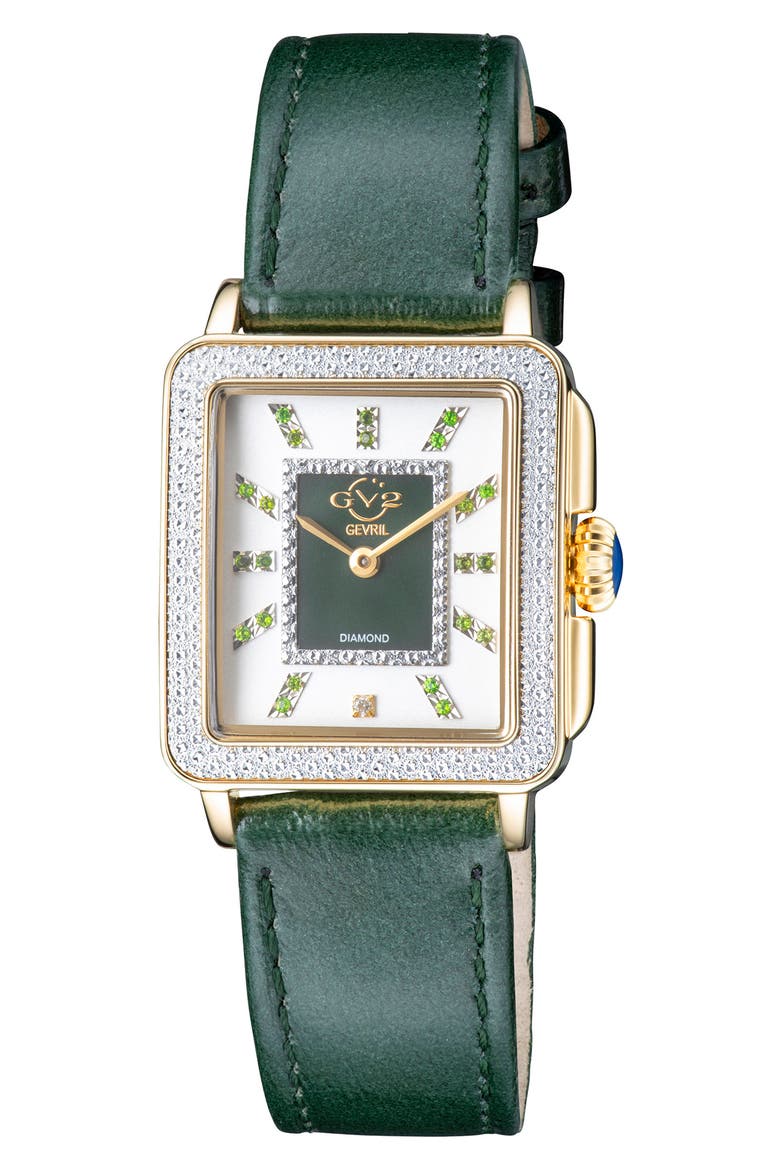 GEVRIL Women's Padova Gemstone Leather Strap Square Watch, 27 mm x 30 mm - 0.0116 ctw, Main, color, GREEN