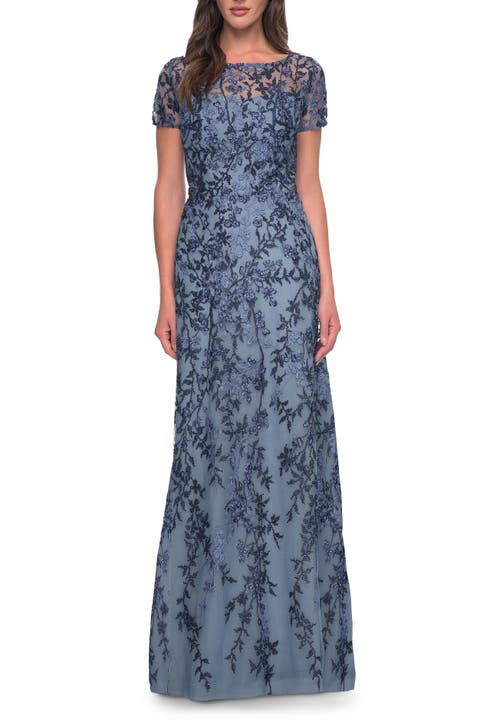 Floral Beaded Evening Dress with Sheer Cap Sleeves