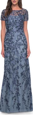 La Femme Floral Beaded Evening Dress with Sheer Cap Sleeves