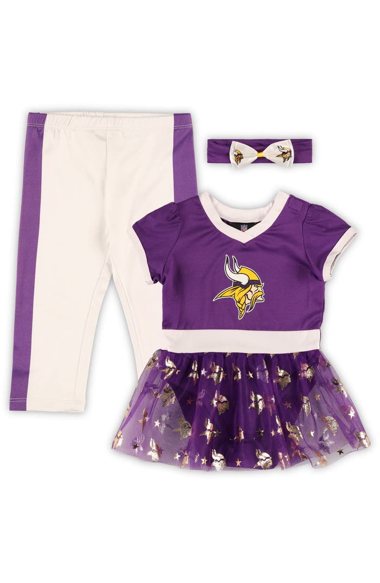 JERRY LEIGH Girls Infant Purple Minnesota Vikings Tailgate Game Day Bodysuit with Tutu, Headband & Leggings Cheerleader Set, Main, color, 