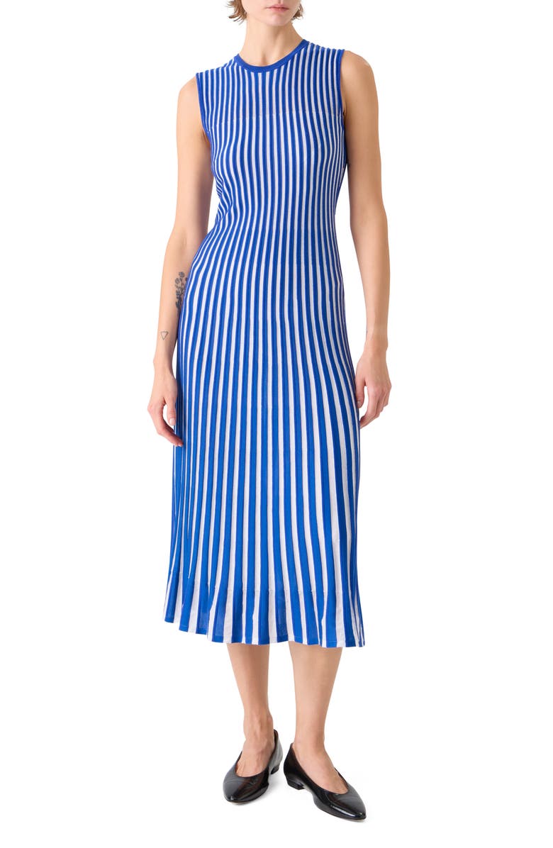 Akris Two-Tone Silk, Wool & Cotton Blend Sweater Dress, Main, color, Lapis Blue-Ecru