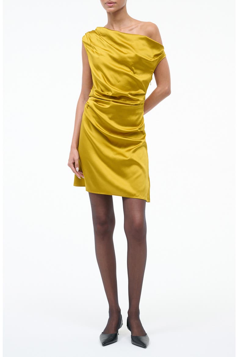 Phare Asymmetric Ruched One-Shoulder Stretch Silk Minidress, Main, color, TURMERIC