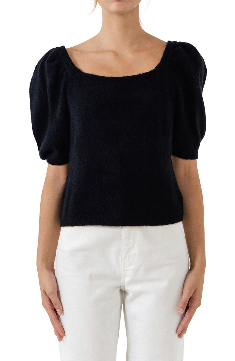 English Factory Puff Sleeve Sweater, Alternate, color, Black