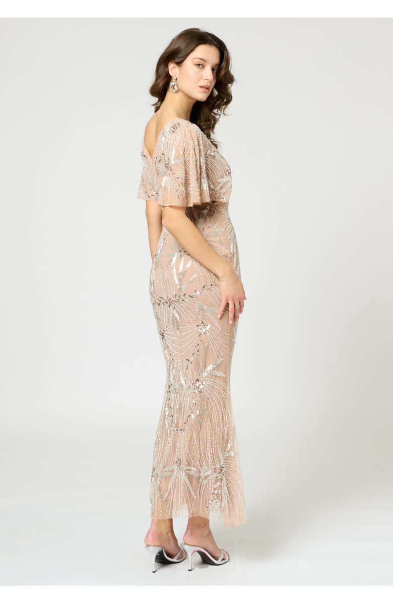 BEAUUT Embellished Sequin Beaded Maxi Dress With Cape Sleeve, Alternate, color, Taupe Blush