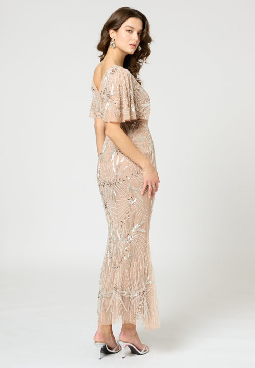 Beauut Embellished Sequin Beaded Maxi Dress With Cape Sleeve In Brown