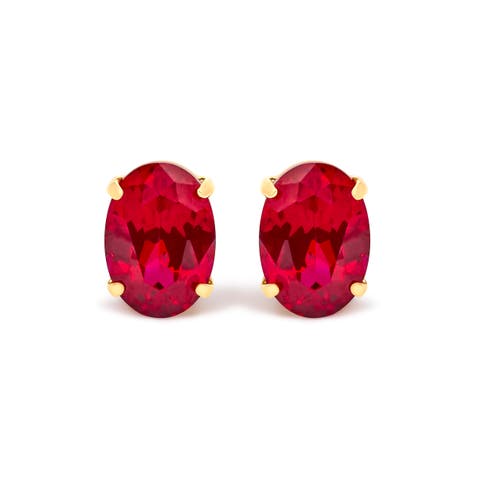 18K Yellow Gold 7x5 MM Created Oval Ruby Solitaire Stud Earrings