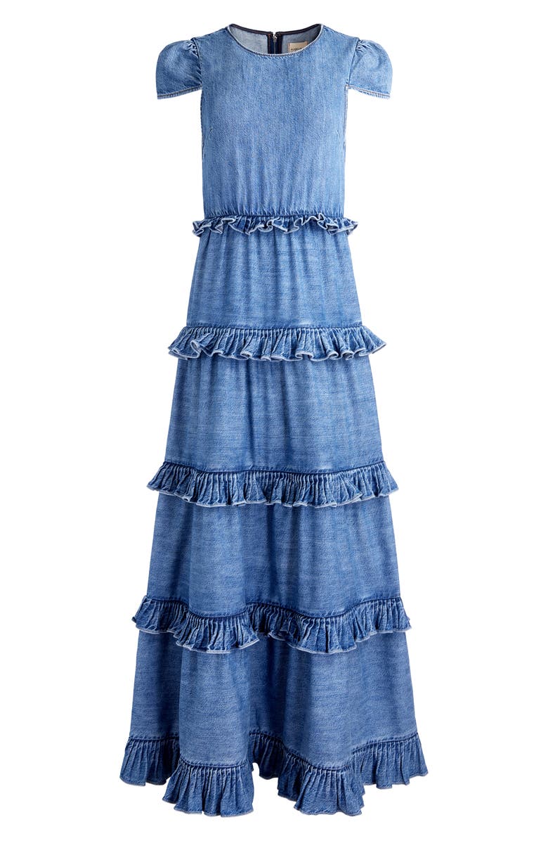 Alice + Olivia Cadby Cap Sleeve Tiered Denim Dress, Alternate, color,