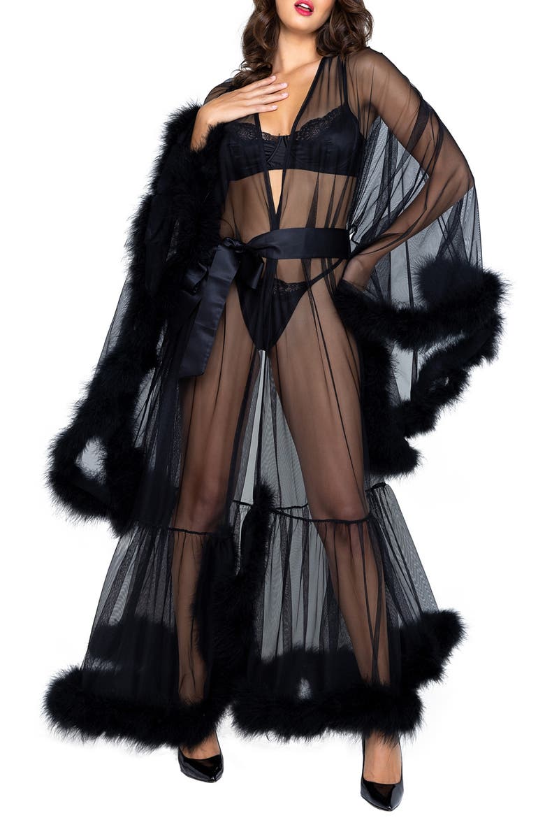 Hollywood Glam Feather Trim Mesh Robe, Main, color, BLACK