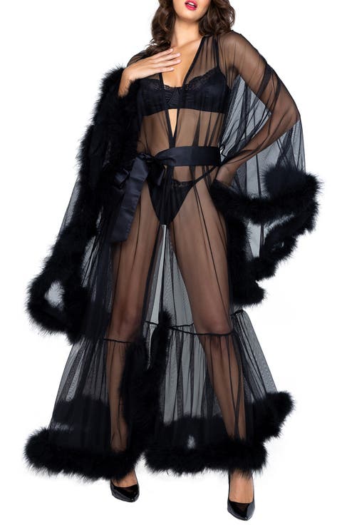 Hollywood Glam Feather Trim Mesh Robe