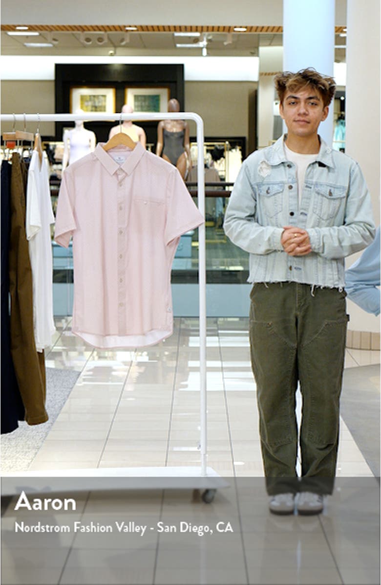 Palm Leaf Print Short Sleeve Performance Button-Up Shirt, sales video thumbnail