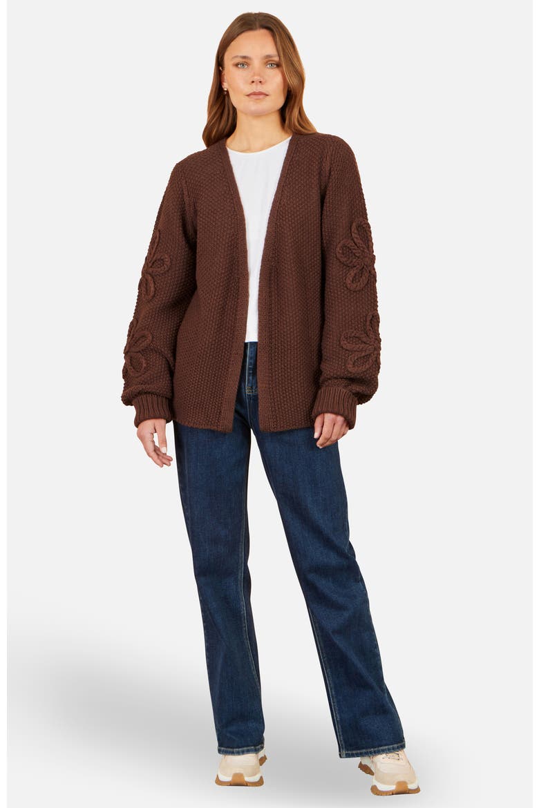 Knitted Flower Detail Sleeve Cardigan, Alternate, color, Brown