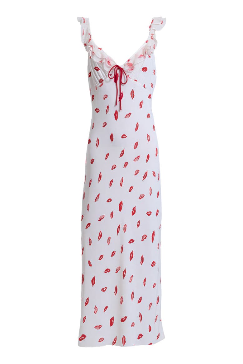 Christina Lip Print Ruffle Sleeve Midi Dress, Alternate, color, BISOUS BISOUS CLOUD IVORY