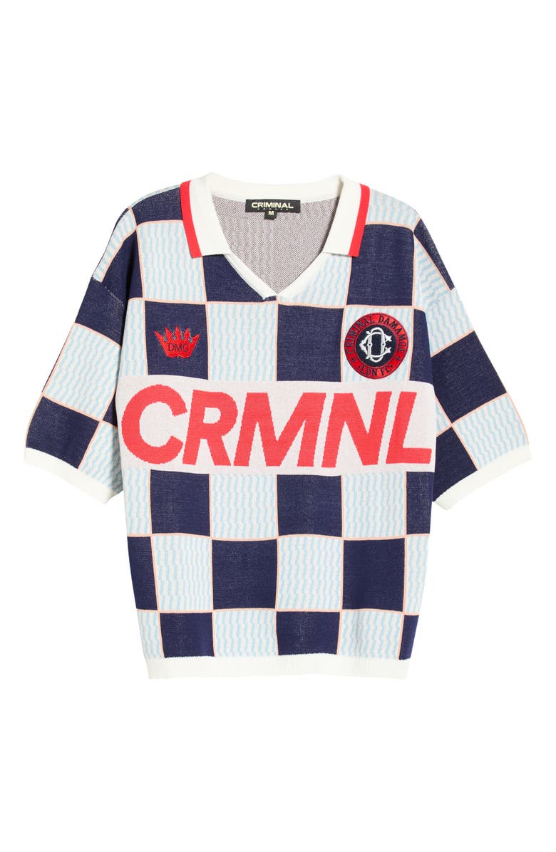 CRIMINAL DAMAGE Checkerboard Embroidered Jacquard Knit Polo, Alternate, color, Blue/ Ecru/ Red