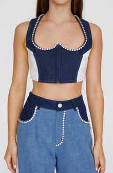 NASTY GAL Embellished Trim Colorblock Denim Crop Top