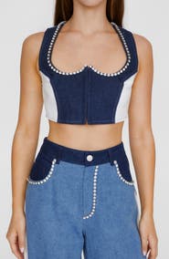 NASTY GAL Embellished Trim Colorblock Denim Crop Top